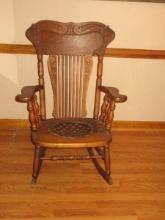Spectacular Antique Oak Rocking Chair Pressed Back Design Leather Seat Insert Rug Cutter