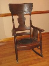 Marvelous Antique Oak Rocking Chair Pressed Back Design Quilted Medallion Seat Insert