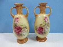 Exquisite Pair Early Porcelain 10 3/4" Vases Double Handles, Pink Rosebuds Foliage Stems