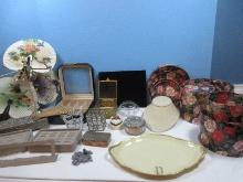 Lot Filigree Brass Tone Jewelry Casket Beveled Glass Top, International Silverplate Ornate Mirror