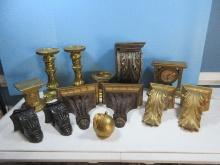 Lot Pair 11 1/2" Heavy Sculpted Form Pillar Candle Stands Gilded Finish, Classic Gilt Terra Cotta