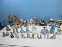 Lot Misc Figurines, Pair Porcelain 6 1/2" Mini Urn w/Pierced Accent & Lids, 2 Bisque Growing Up