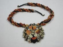Vintage Lee Sands Lion Head Inlay Pendant Necklace Mosaic Lions Head Attached To Multi-