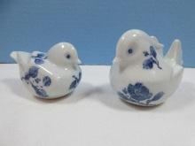 Pair Fitz & Floyd Camellia Pattern Blue Flowers & Leaves Figural Porcelain 3" Mandarin Duck &