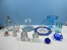 Lot Cobalt Blue Figural Bunny Mini Trinket Box, Pressed Glass Mini Basket, Indiana Glass Aqua