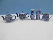 Lot Blue & White Chinoiserie Porcelain Phoenix Bird 3" Creamer, Mini 3 3/4" Round Teapot/