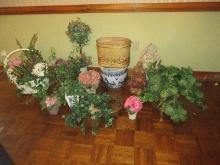 Lot Misc Silk Plants in Various Containers Semi Porcelain Blue/White Oriental Jardiniere, White