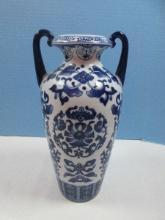 Semi Porcelain Elegant Blue & White Floral Vine Design Classic Vase 12 1/2" w/Double Handles