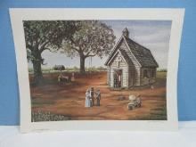 Church House in Rural South Gathering Cotton in Background Artist Signed Frank Morris Ltd.