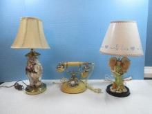 Lot Vintage French Style Rotary Dial Telephone, Resin Cherub Angel Figural Accent Lamp 17",