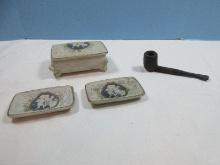 Lot 3pc Set Bisque Porcelain Jasperware Style Cameo Cherub/Fairy Cigarette Box w/2 Ashtrays &
