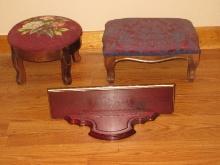2 Victorian Era Wooden Foot Stools Floral Needlepoint Top/Damask Upholstery, Faux Burled