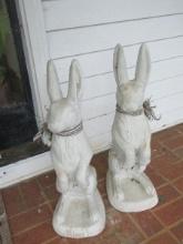 Pair of Concrete 29" Figural Bunny Rabbit Garden Statues Standing up On Back Legs Ready to