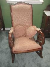 Exceptional American Carved Walnut Lincoln Style Rocker High Back Chair Padded Armrest