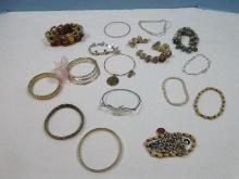 Lot Bracelets Boho Wooden Donuts/Beads, Stretch Cuffs Bangles, Studio Art Glass, Triple Strand