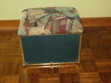 Storage Box Ottoman w/Cushioned Top Book Theme Pattern Metal Accents & Side Handles