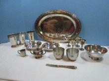 Lot Silverplate 18" Oval Serving Tray, 3 Mint Julep Cups, Set of 4 Stem Cordial Goblets 3 1/4",