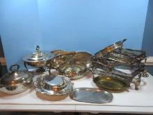 Lot Silver Plate Casserole Serving Dish Stands, Chafing Dish w/Wooden Handle, Stand & Burner,