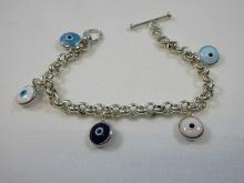 Sterling Silver Chain Bracelet w/ Multiple "Evil Eye" Charms Toggle Clasp 7 1/2" Wgt. 14.5 G