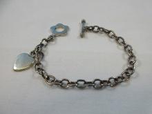 Sterling Silver Mexico Heart Charm Cable Chain Link Bracelet w/ Flower Toggle Clasp 7"