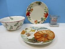 Lot Fall Harvest Pattern 9 7/8" D Plate, Fall Foliage Berries and Acorns 10 1/2" D Stoneware