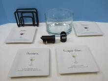 Lot Wine Bottle Cap, Pour Spout, Set of 4 Pottery Barn Wine Guide 6 3/8" Square Plates w/
