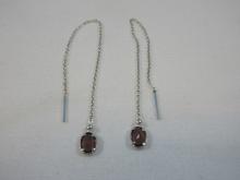 Sterling Silver Pair of Threader Pierced Earrings Dangle Chain w/ Amethyst Color Stones Simple