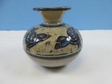 Exceptional Signed North Eagle Pottery 4 1/2" Round Vase Flared Narrow Neck Incised Design