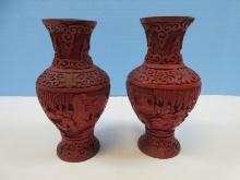 Antique Pair of Qing Dynasty Chinese Red Cinnabar 6 3/8" Bud Vases Traditional Intricately
