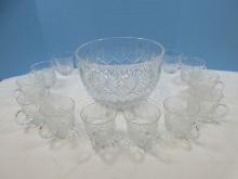 Elegant 14 pc. Crystal Punch Bowl Set Pineapple and Diamond Pattern 11" Round Bowl w/ 12