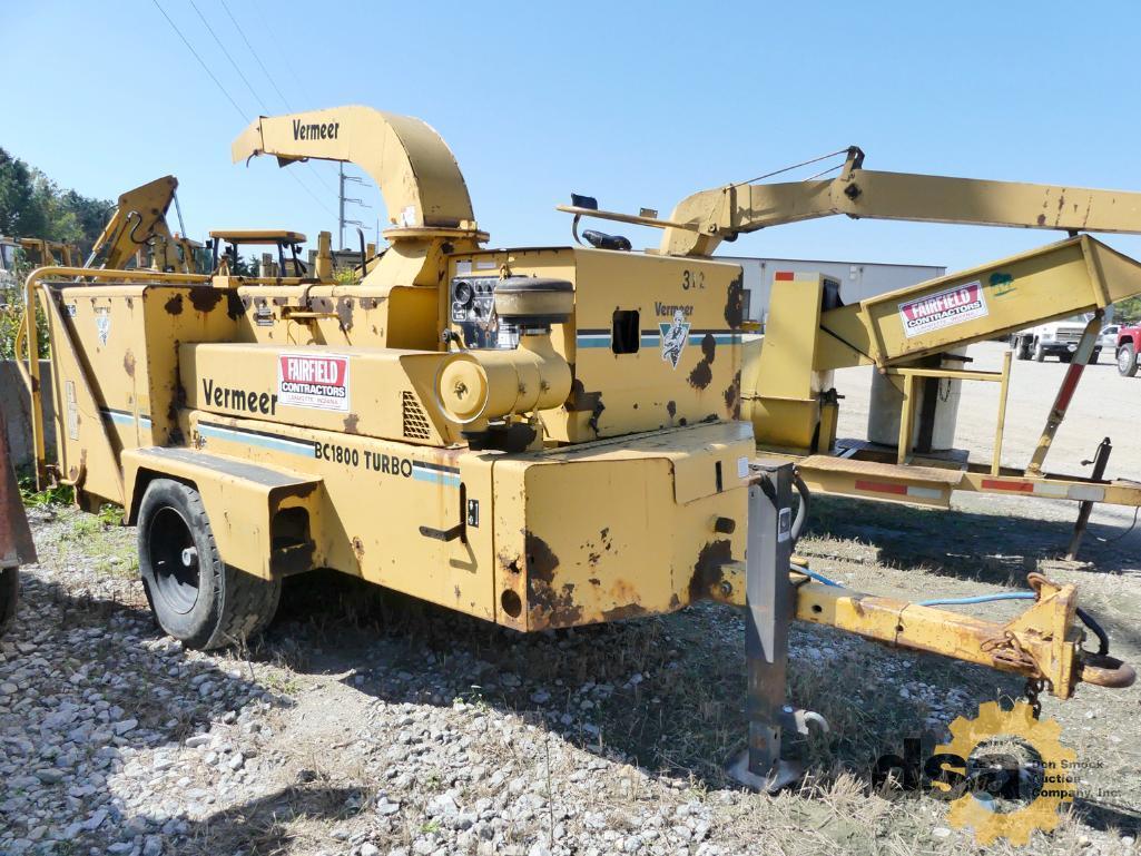 1999 Vermeer BC1800 Brush Chipper, S/N 1000491, Diesel, Portable, Meter Reads 5,458 Hours