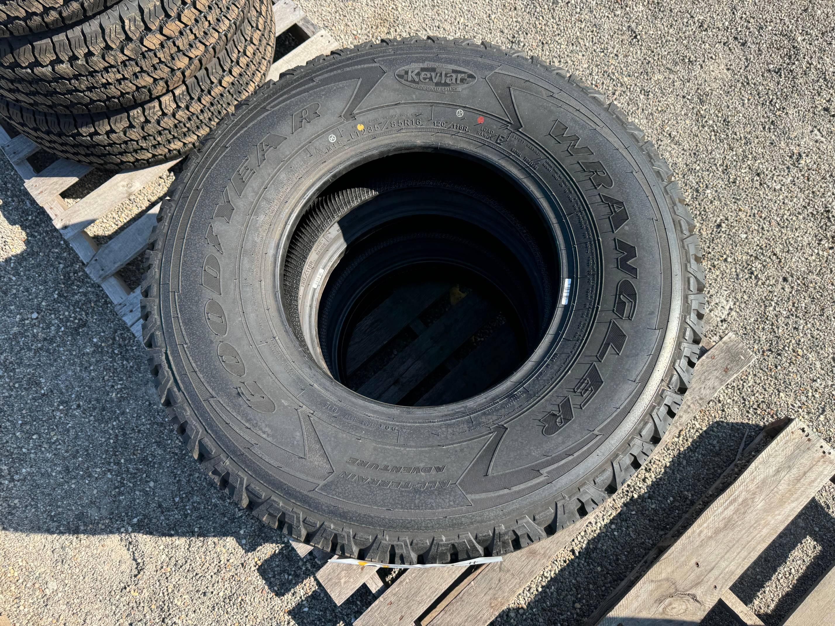 (2) Goodyear Wrangler All-Terrain Kevlar, (1) Goodyear Wrangler SR-A LT235/85R16 Tires
