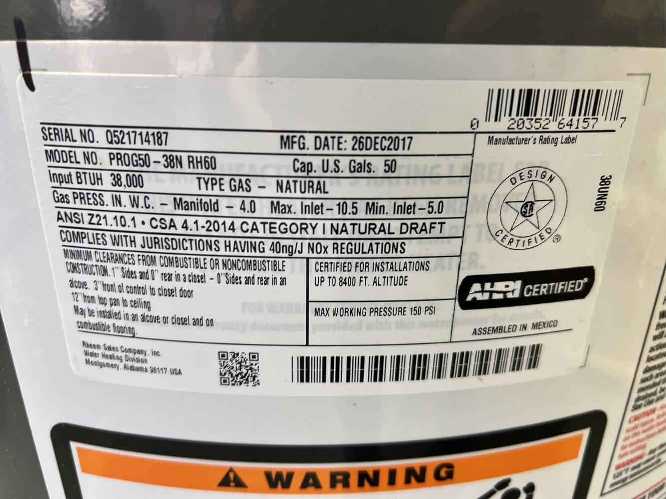 Unused 2018 Rheem PROG50-38N RH60 Classic Series 50 Gallon Natural Gas Powered Water Heater