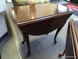 (SEC A) PAIR OF SOLID CHERRY QUEEN ANNE DROP SIDE END TABLES. 1 HAS A MINOR SCRATCH TO THE FINISH.