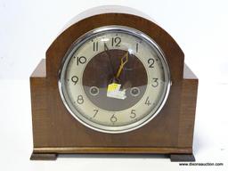 ENGLISH 8 DAY MANTLE CLOCK WITH TIME AND STRIKE. MEASURES 9"T X 9.75"W RETAIL PRICE $150