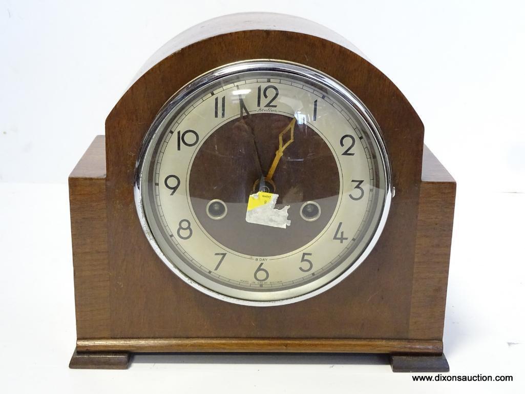 ENGLISH 8 DAY MANTLE CLOCK WITH TIME AND STRIKE. MEASURES 9"T X 9.75"W RETAIL PRICE $150