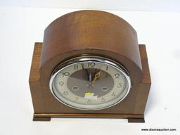 ENGLISH 8 DAY MANTLE CLOCK WITH TIME AND STRIKE. MEASURES 9"T X 9.75"W RETAIL PRICE $150