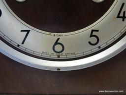 ENGLISH 8 DAY MANTLE CLOCK WITH TIME AND STRIKE. MEASURES 9"T X 9.75"W RETAIL PRICE $150