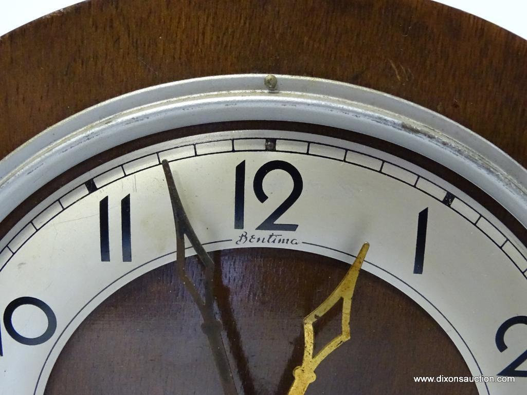 ENGLISH 8 DAY MANTLE CLOCK WITH TIME AND STRIKE. MEASURES 9"T X 9.75"W RETAIL PRICE $150