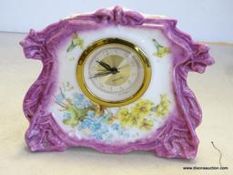 SMALL CHINA CLOCK CASE WITH NEW FIT UP MOVEMENT. MEASURES 5.5"T X 5.5"W RETAIL PRICE $100