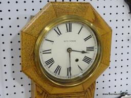 SETH THOMAS OAK SCHOOLHOUSE CLOCK WITH 8-DAY TIME. HAS OLDER CASE AND MOVEMENT WITH NEW BEZEL,