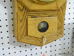 SETH THOMAS OAK SCHOOLHOUSE CLOCK WITH 8-DAY TIME. HAS OLDER CASE AND MOVEMENT WITH NEW BEZEL,