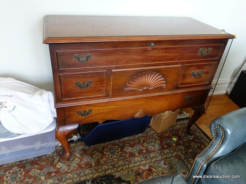 (LR) VINTAGE LANE MAHOGANY QUEEN ANNE CEDAR CHEST WITH LOWER DRAWER AND SHELL CARVED CENTER- DRAWER