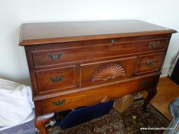 (LR) VINTAGE LANE MAHOGANY QUEEN ANNE CEDAR CHEST WITH LOWER DRAWER AND SHELL CARVED CENTER- DRAWER