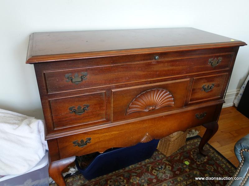 (LR) VINTAGE LANE MAHOGANY QUEEN ANNE CEDAR CHEST WITH LOWER DRAWER AND SHELL CARVED CENTER- DRAWER