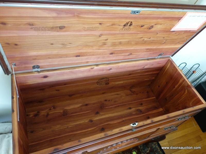 (LR) VINTAGE LANE MAHOGANY QUEEN ANNE CEDAR CHEST WITH LOWER DRAWER AND SHELL CARVED CENTER- DRAWER