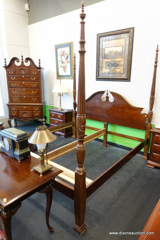 (R1) KING SIZE MAHOGANY FOUR-POSTER BED; EACH POSTER IS TOPPED WITH A TURNED FINIAL MATCHING THE ONE