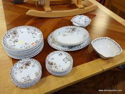 (ROW 1) 25 PC OF ALFRED MEAKIN CHINA IN THE ROSALINE PATTERN- 9-9" PLATES ( ONE HAS A CHIP AND