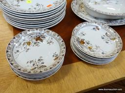 (ROW 1) 25 PC OF ALFRED MEAKIN CHINA IN THE ROSALINE PATTERN- 9-9" PLATES ( ONE HAS A CHIP AND