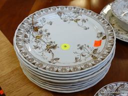 (ROW 1) 25 PC OF ALFRED MEAKIN CHINA IN THE ROSALINE PATTERN- 9-9" PLATES ( ONE HAS A CHIP AND